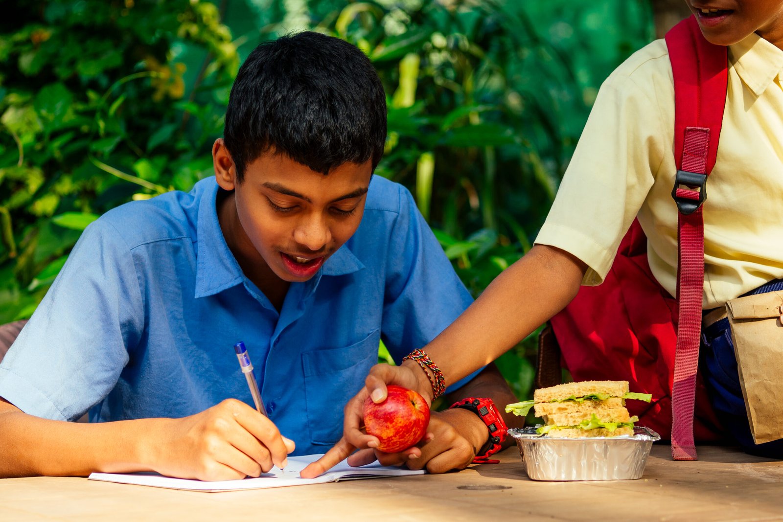 indian school boy writing on notepad doing homework , looking concentration . His friend with backpack sits on table and eating an apple in park.